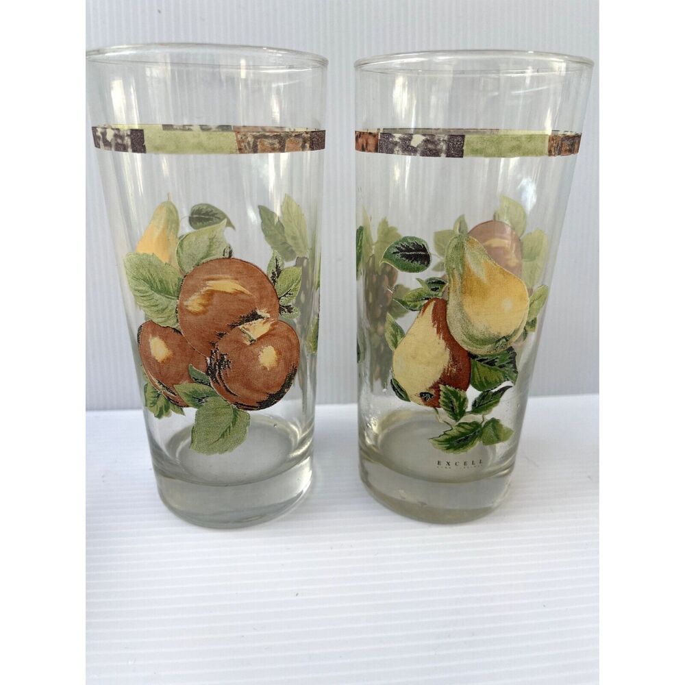 Excel Drinking Glasses Painted Fruit 3 Glasses Rare Find Vintage '50's Retro